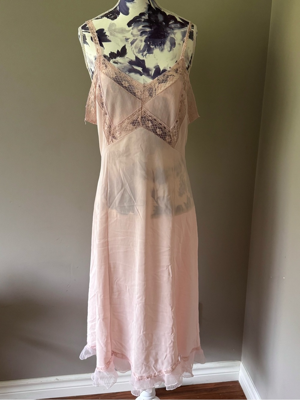 Vintage Vanity Fair Lace Trim Sheer Slip Chemise in Blush Pink